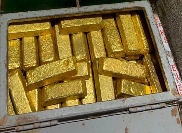 Gold bars arranged inside a metal case